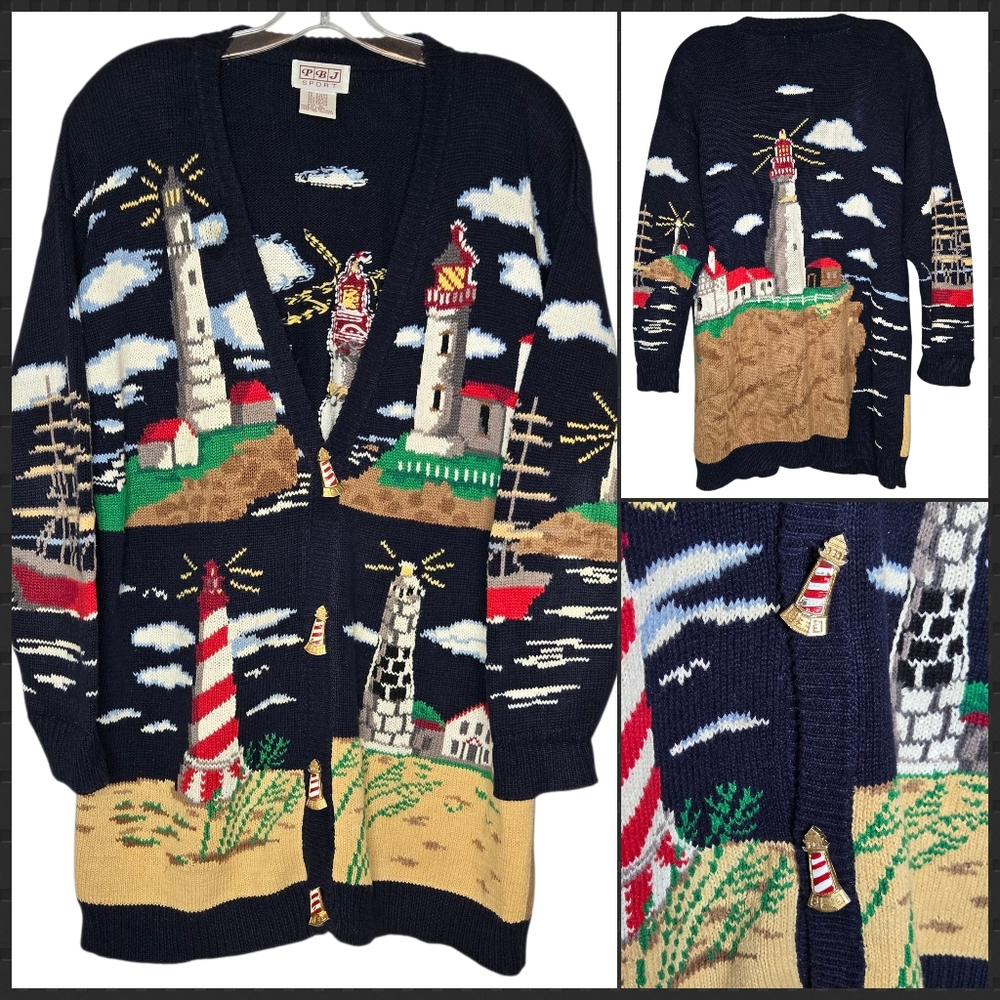 Vintage Nautical Lighthouse Beach Knit‎ Cardigan Sweater XL Oversized Granny